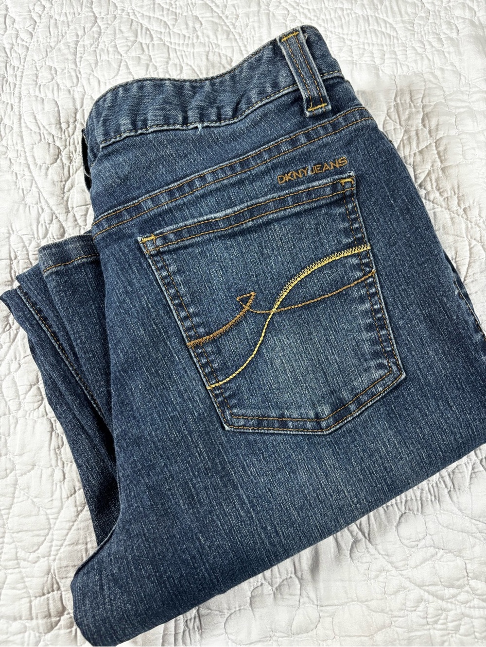 DKNY Flare Leg Jeans in Dark Blue Denim with Gold Stitching